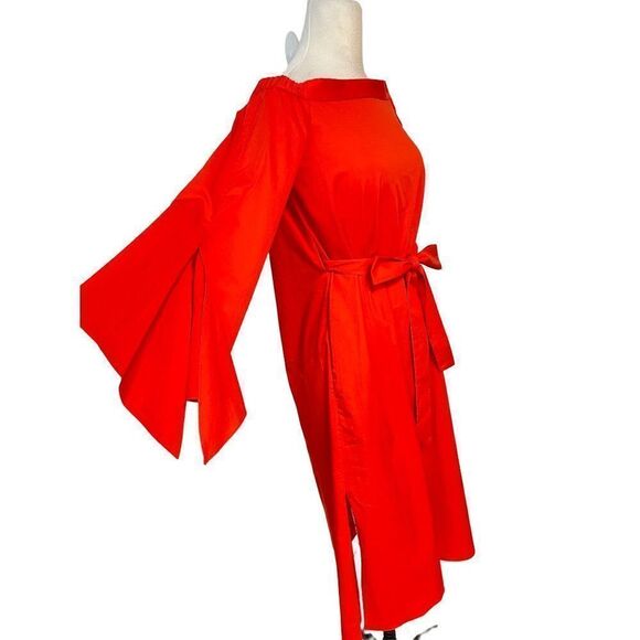 Tibi Off-the-shoulder Cotton-poplin Midi Dress In Ribbon Red 2 - Picture 3 of 6